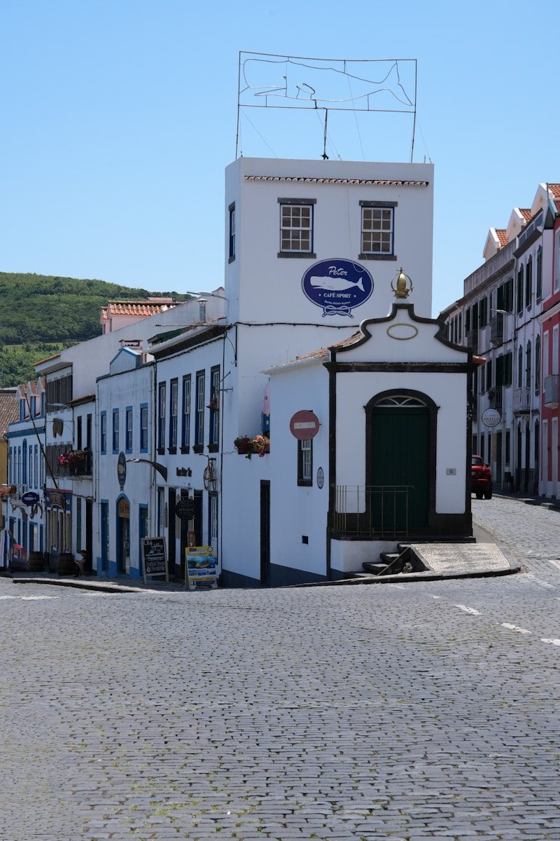 A white building with a fish sign in a town square.